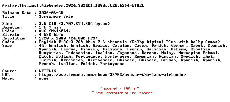 NFO for the release Avatar.The.Last.Airbender.2024.S02E01.1080p.WEB.h264-ETHEL by ETHEL