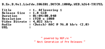 NFO for the release B.En.B.Vol.Liefde.S06E01.DUTCH.1080p.WEB.h264-TRIPEL by TRIPEL