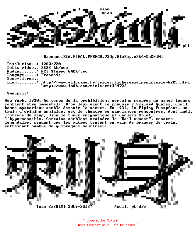 NFO for the release Baccano.E16.FiNAL.FRENCH.720p.BluRay.x264-SASHiMi by SASHiMi