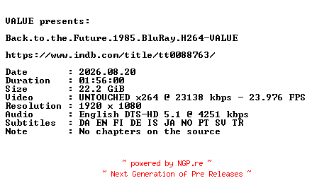 NFO for the release Back.to.the.Future.1985.1080p.BluRay.H264-VALUE by VALUE