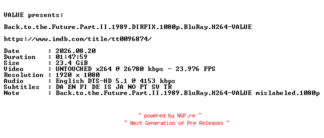 NFO for the release Back.to.the.Future.Part.II.1989.DIRFIX.1080p.BluRay.H264-VALUE by VALUE