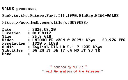 NFO for the release Back.to.the.Future.Part.III.1990.BluRay.H264-VALUE by VALUE