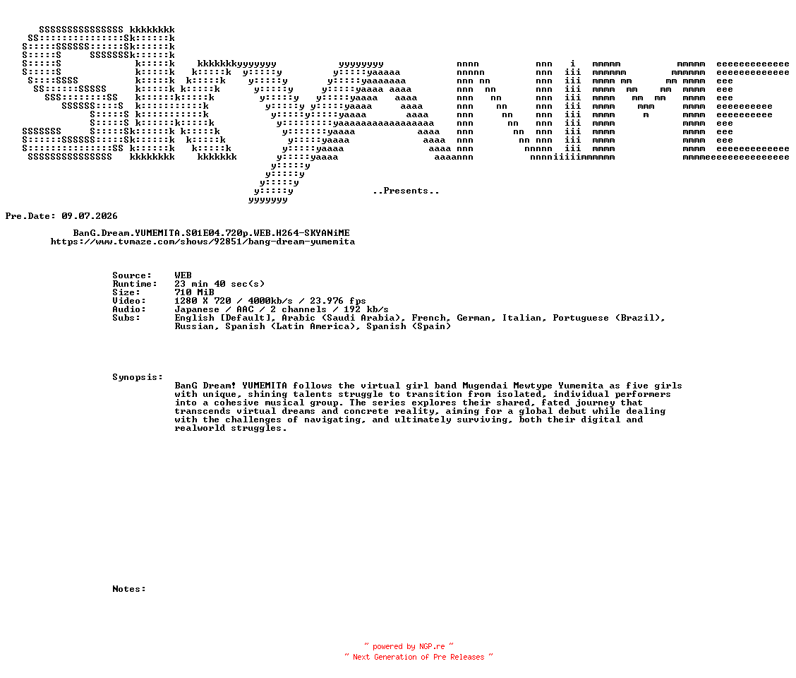 NFO for the release BanG.Dream.YUMEMITA.S01E04.720p.WEB.H264-SKYANiME by SKYANiME
