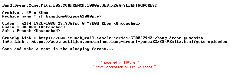NFO for the release BanG.Dream.Yume.Mita.E05.SUBFRENCH.1080p.WEB.x264-SLEEPINGFOREST by SLEEPINGFOREST