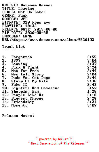 NFO for the release Barroom_Heroes-Leaving-WEB-2015-SDR by SDR