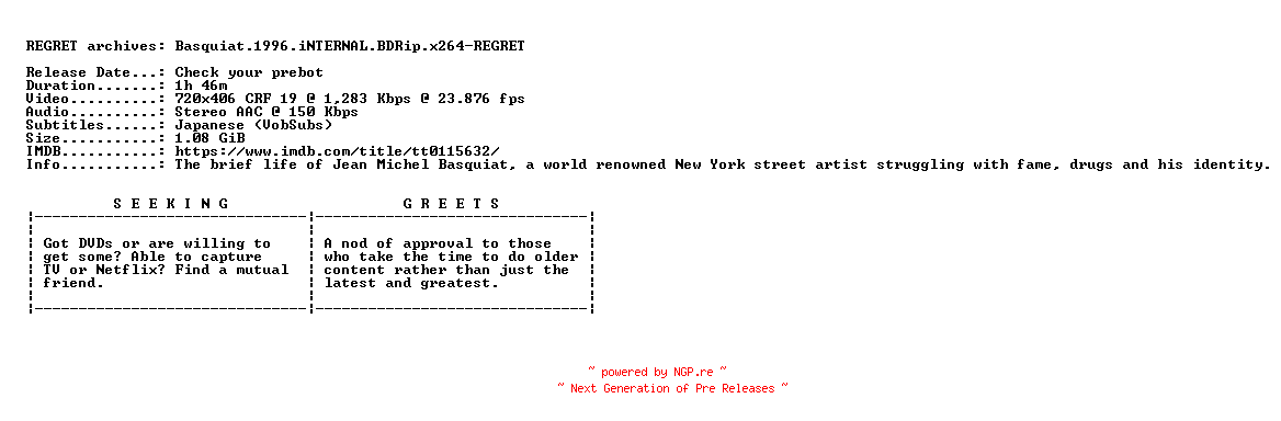 NFO for the release Basquiat.1996.iNTERNAL.BDRip.x264-REGRET by REGRET