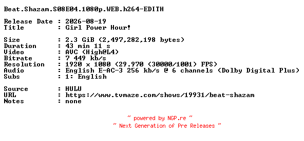 NFO for the release Beat.Shazam.S08E04.1080p.WEB.h264-EDITH by EDITH