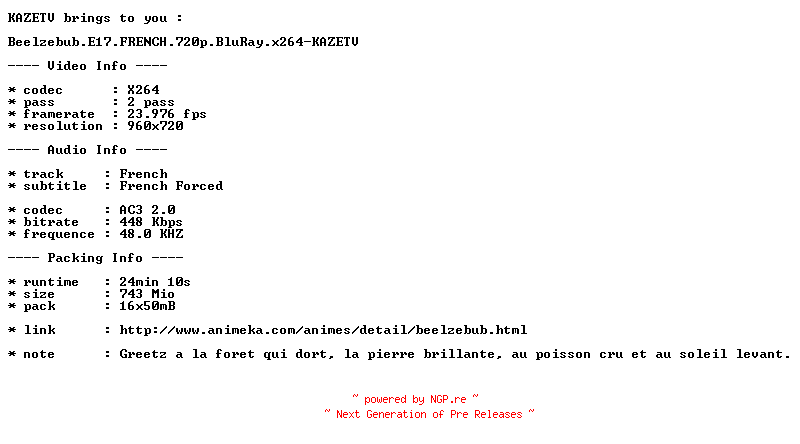 NFO for the release Beelzebub.E17.FRENCH.720p.BluRay.x264-KAZETV by KAZETV