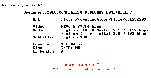 NFO for the release Beginners.2010.COMPLETE.UHD.BLURAY-B0MBARDiERS by B0MBARDiERS