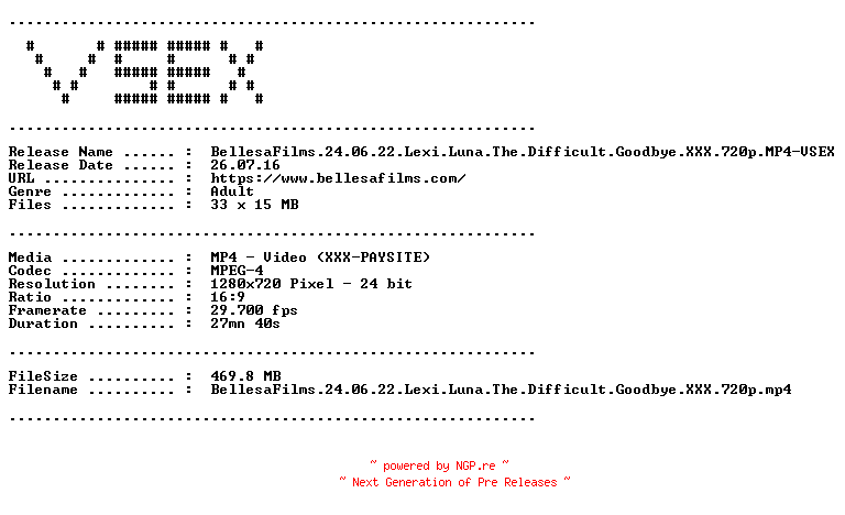 NFO for the release BellesaFilms.24.06.22.Lexi.Luna.The.Difficult.Goodbye.XXX.720p.MP4-VSEX by VSEX
