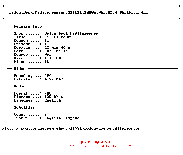 NFO for the release Below.Deck.Mediterranean.S11E11.1080p.WEB.H264-DEFENESTRATE by DEFENESTRATE
