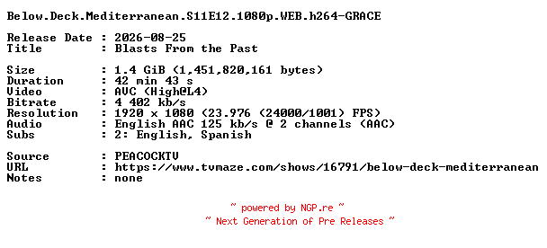 NFO for the release Below.Deck.Mediterranean.S11E12.1080p.WEB.h264-GRACE by GRACE