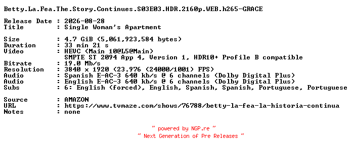 NFO for the release Betty.La.Fea.The.Story.Continues.S03E03.HDR.2160p.WEB.h265-GRACE by GRACE