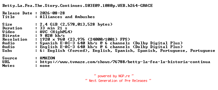 NFO for the release Betty.La.Fea.The.Story.Continues.S03E09.1080p.WEB.h264-GRACE by GRACE