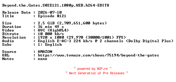 NFO for the release Beyond.the.Gates.S02E121.1080p.WEB.h264-EDITH by EDITH