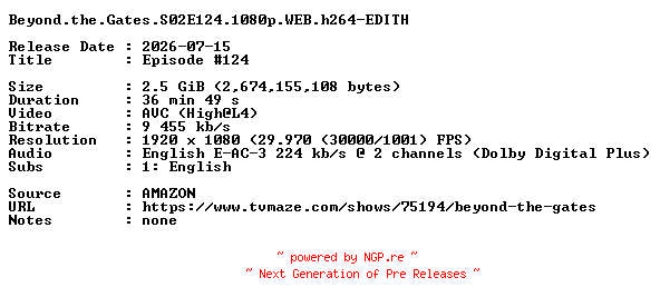 NFO for the release Beyond.the.Gates.S02E124.1080p.WEB.h264-EDITH by EDITH