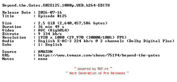 NFO for the release Beyond.the.Gates.S02E125.1080p.WEB.h264-EDITH by EDITH