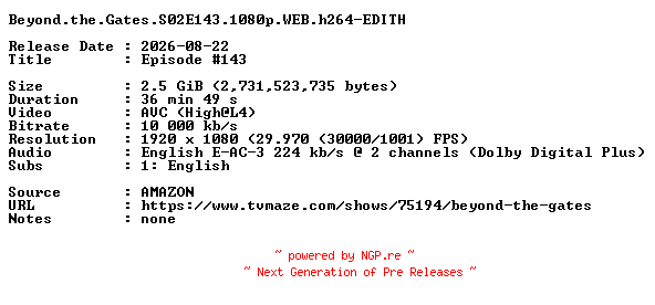 NFO for the release Beyond.the.Gates.S02E143.1080p.WEB.h264-EDITH by EDITH