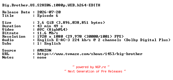 NFO for the release Big.Brother.US.S28E06.1080p.WEB.h264-EDITH by EDITH