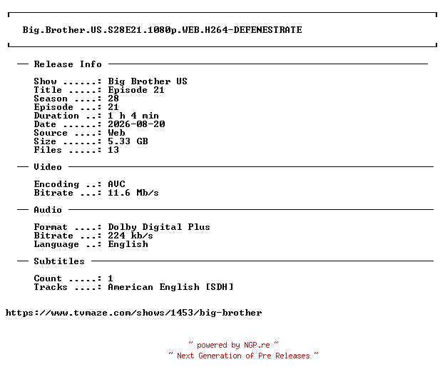 NFO for the release Big.Brother.US.S28E21.1080p.WEB.H264-DEFENESTRATE by DEFENESTRATE