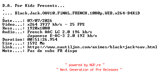 NFO for the release Black.Jack.OAV10.FiNAL.FRENCH.1080p.WEB.x264-D4KiD by D4KiD
