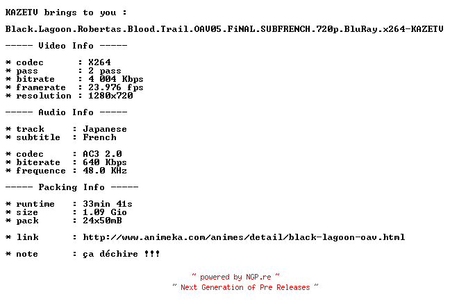 NFO for the release Black.Lagoon.Robertas.Blood.Trail.OAV05.FiNAL.SUBFRENCH.720p.BluRay.x264-KAZETV by KAZETV
