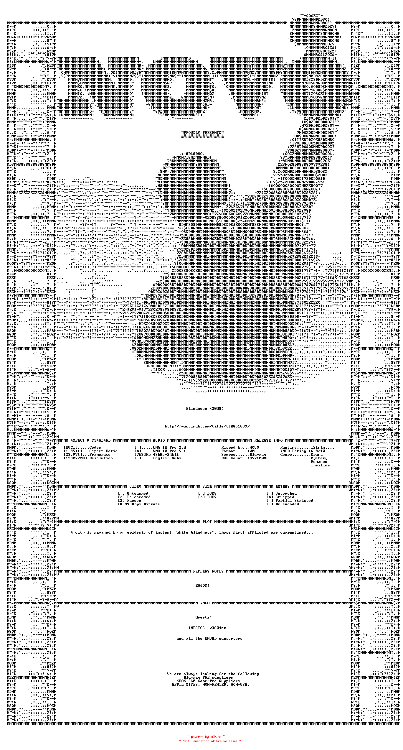 NFO for the release Blindness.2008.Bluray.VC1.720P.5.1.WMV-NOVO by NOVO