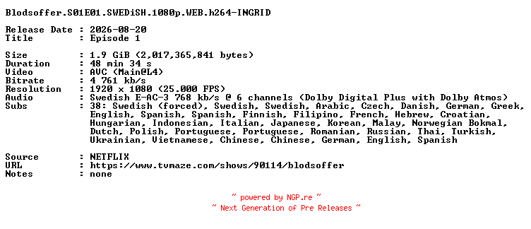 NFO for the release Blodsoffer.S01E01.SWEDiSH.1080p.WEB.h264-INGRID by INGRID