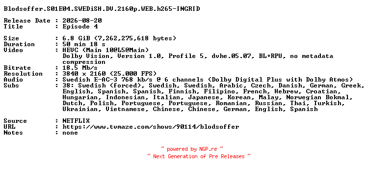 NFO for the release Blodsoffer.S01E04.SWEDiSH.DV.2160p.WEB.h265-INGRID by INGRID