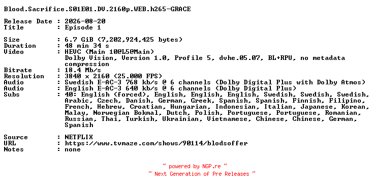 NFO for the release Blood.Sacrifice.S01E01.DV.2160p.WEB.h265-GRACE by GRACE