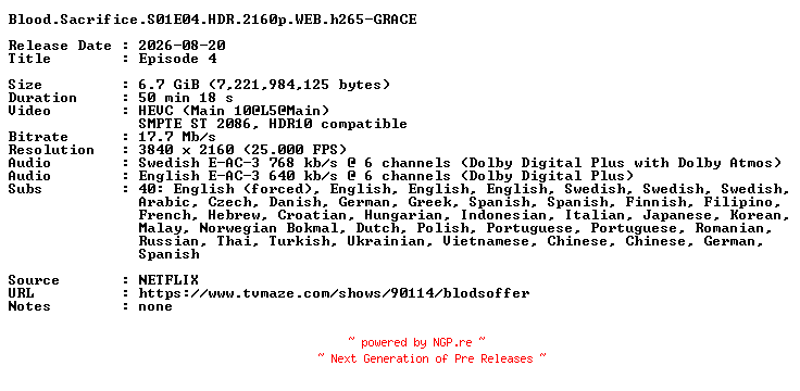 NFO for the release Blood.Sacrifice.S01E04.HDR.2160p.WEB.h265-GRACE by GRACE