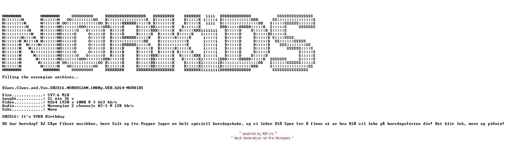 NFO for the release Blues.Clues.and.You.S02E16.NORWEGiAN.1080p.WEB.h264-NORKiDS by NORKiDS