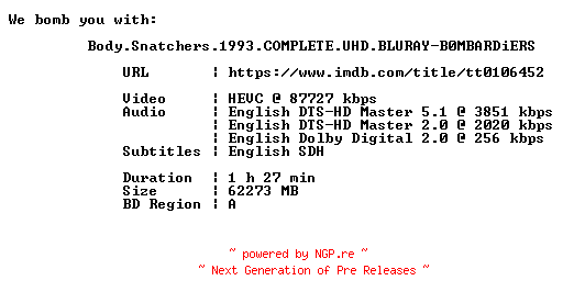 NFO for the release Body.Snatchers.1993.COMPLETE.UHD.BLURAY-B0MBARDiERS by B0MBARDiERS