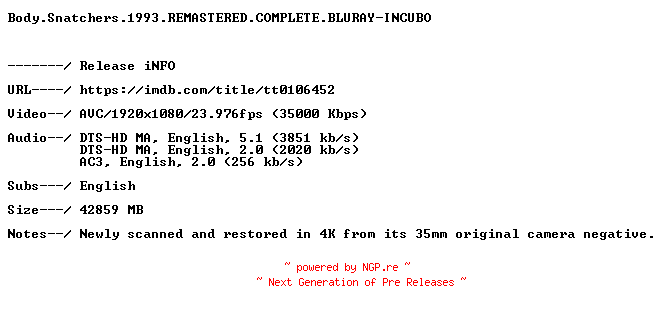 NFO for the release Body.Snatchers.1993.REMASTERED.COMPLETE.BLURAY-INCUBO by INCUBO