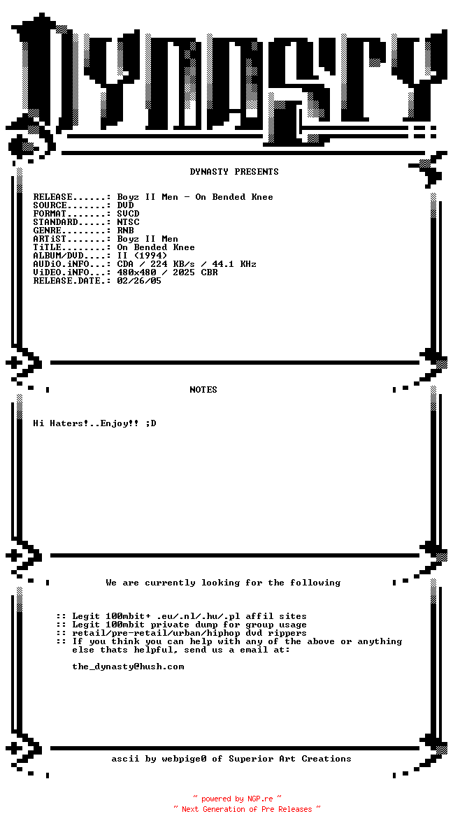 NFO for the release Boyz_II_Men-On_Bended_Knee-DVDRiP-SVCD-1994-DYNASTY by DYNASTY