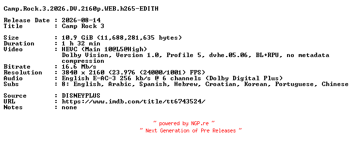 NFO for the release Camp.Rock.3.2026.DV.2160p.WEB.h265-EDITH by EDITH