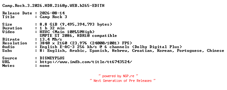 NFO for the release Camp.Rock.3.2026.HDR.2160p.WEB.h265-EDITH by EDITH
