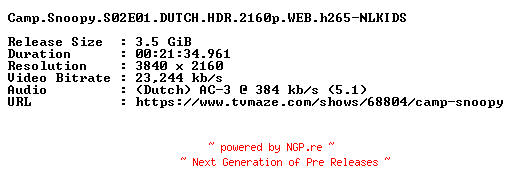 NFO for the release Camp.Snoopy.S02E01.DUTCH.HDR.2160p.WEB.h265-NLKIDS by NLKIDS