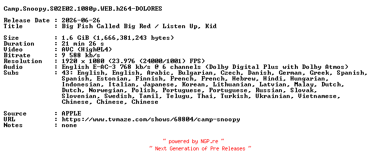 NFO for the release Camp.Snoopy.S02E02.1080p.WEB.h264-DOLORES by DOLORES