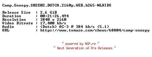 NFO for the release Camp.Snoopy.S02E02.DUTCH.2160p.WEB.h265-NLKIDS by NLKIDS