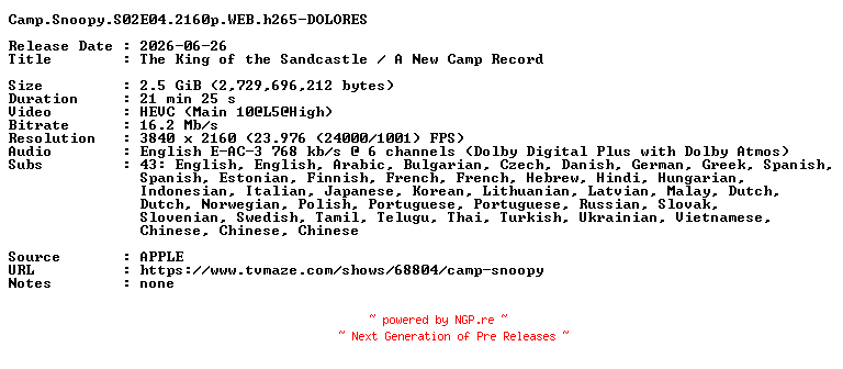 NFO for the release Camp.Snoopy.S02E04.2160p.WEB.h265-DOLORES by DOLORES