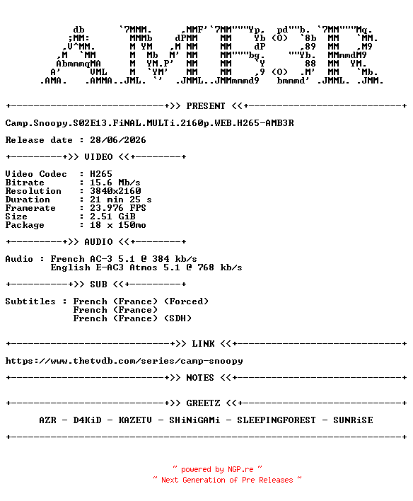 NFO for the release Camp.Snoopy.S02E13.FiNAL.MULTi.2160p.WEB.H265-AMB3R by AMB3R