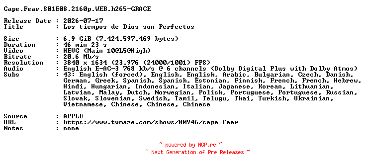NFO for the release Cape.Fear.S01E08.2160p.WEB.h265-GRACE by GRACE
