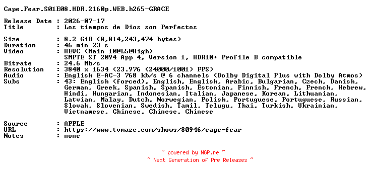 NFO for the release Cape.Fear.S01E08.HDR.2160p.WEB.h265-GRACE by GRACE