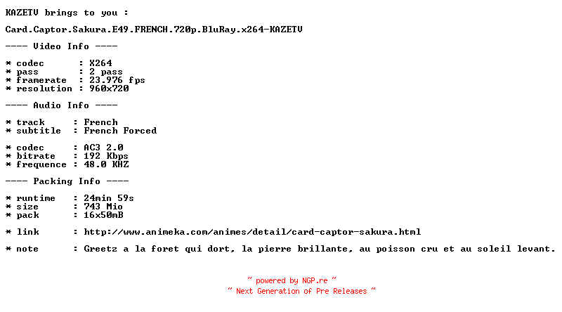 NFO for the release Card.Captor.Sakura.E49.FRENCH.720p.BluRay.x264-KAZETV by KAZETV