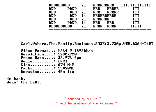 NFO for the release Carl.Webers.The.Family.Business.S02E12.720p.WEB.h264-DiRT by DiRT