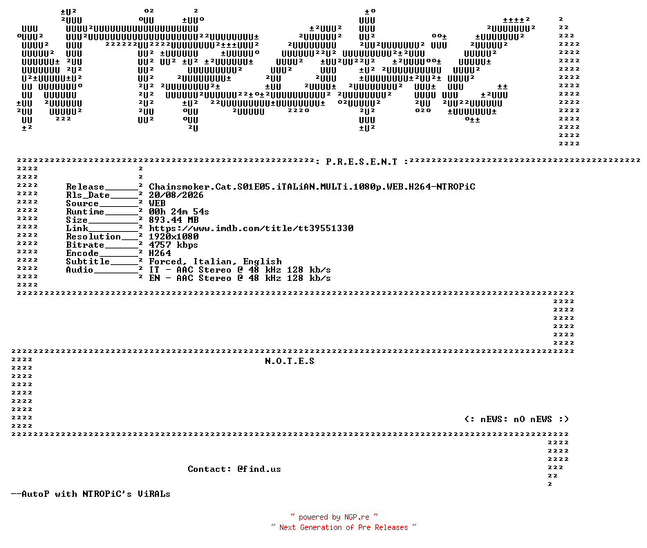 NFO for the release Chainsmoker.Cat.S01E05.iTALiAN.MULTi.1080p.WEB.H264-NTROPiC by NTROPiC