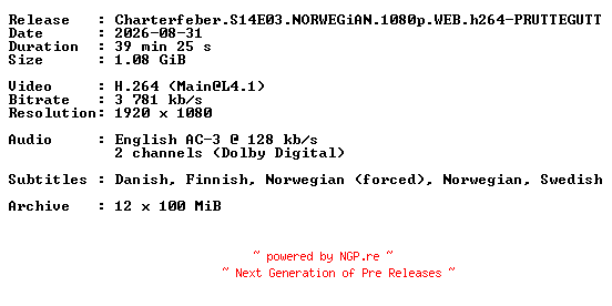 NFO for the release Charterfeber.S14E03.NORWEGiAN.1080p.WEB.h264-PRUTTEGUTT by PRUTTEGUTT
