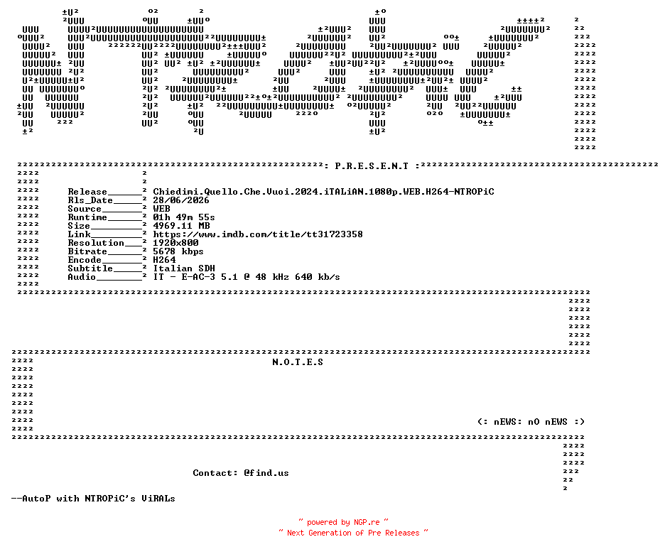 NFO for the release Chiedimi.Quello.Che.Vuoi.2024.iTALiAN.1080p.WEB.H264-NTROPiC by NTROPiC