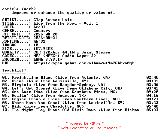 NFO for the release Clay_Street_Unit-Live_from_the_Road__Vol._1-WEB-2026-ENRiCH by ENRiCH